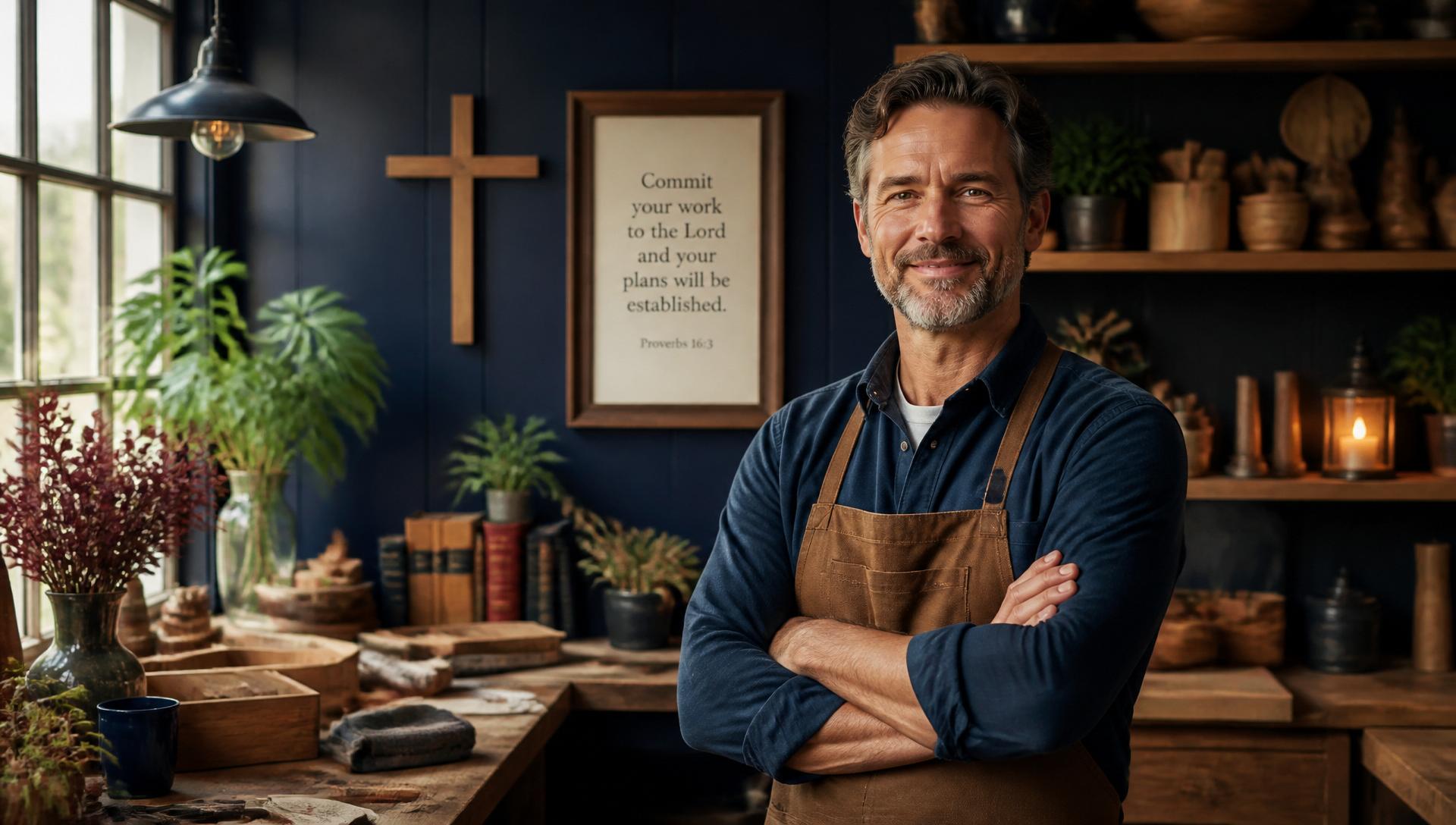 Christian business owner standing confidently in a warm, professional workshop